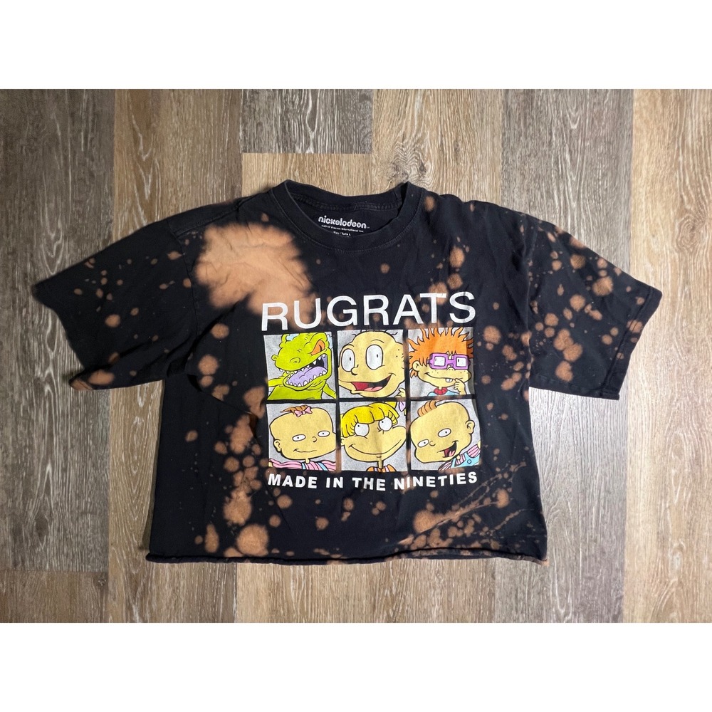 Nickelodeon Rugrats T-Shirt Womens Large Black Good Bleach Dye Cropped 90s Tee